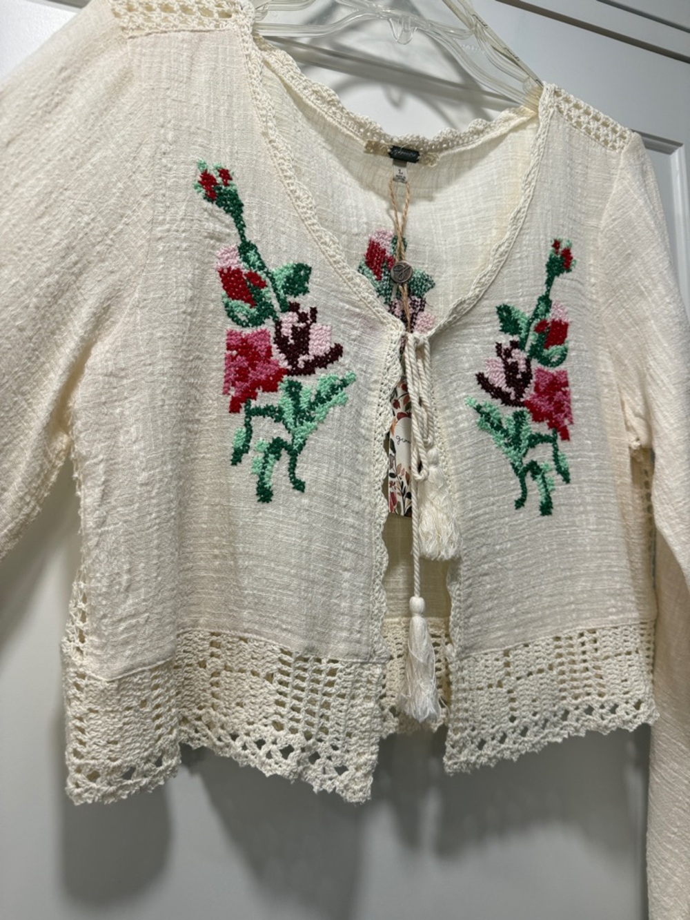 gimmicks by BKE Cream Cropped Knit Cardigan with Floral Embroidery - Picture 3 of 7